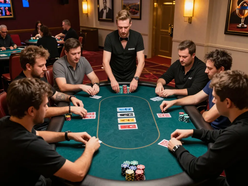 Players engage in a high-stakes poker game at EE88 casino, showcasing dynamic gameplay with professional lighting.