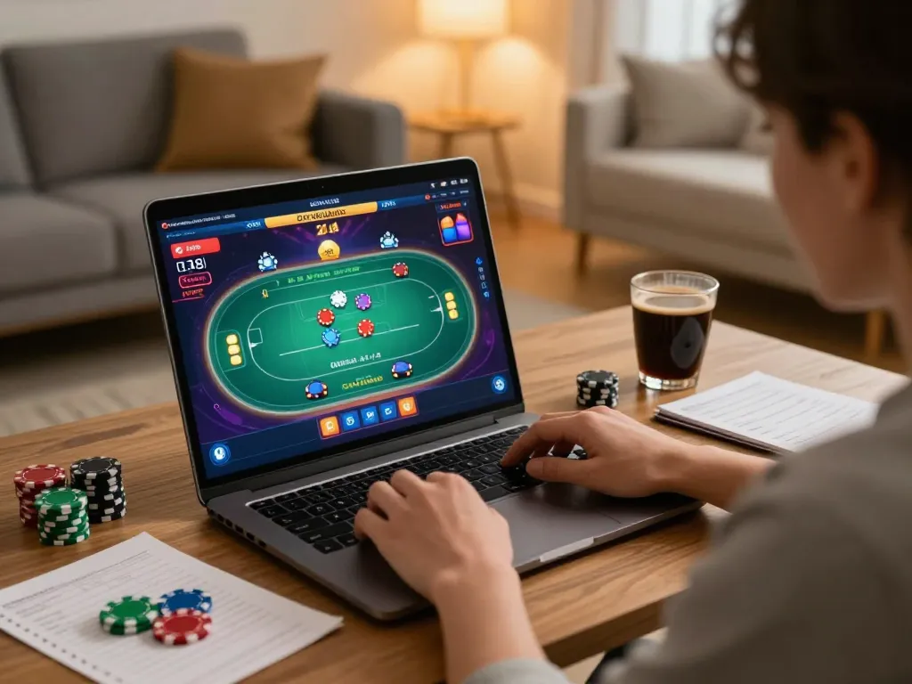 Player enjoying online gaming at dn88 with vibrant poker interface in a cozy home setting.