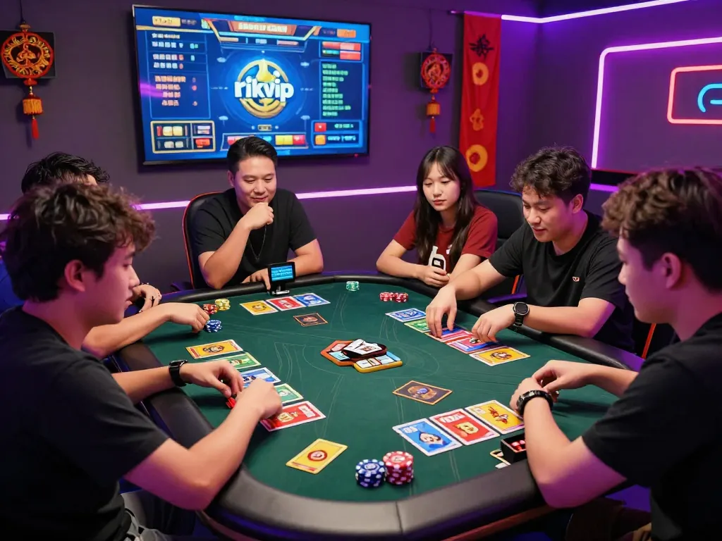 Players enjoying an engaging game session of rikvip, surrounded by colorful gaming elements and neon lighting.