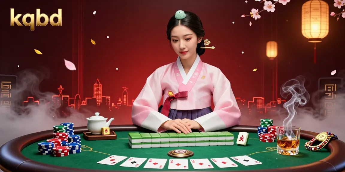 Engage in kqbd gaming with an elegant Asian woman surrounded by poker elements and a rich, atmospheric background.