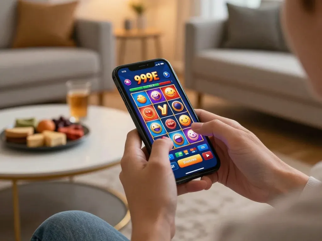 Playing the 999E casino app on mobile for exciting slot game action in a cozy living room.
