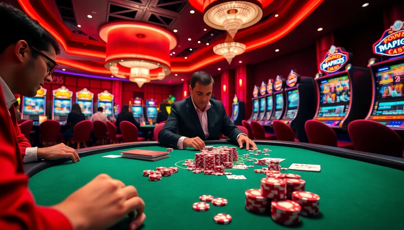 Players enjoying a thrilling game night at MB66 casino, engaging with vibrant slot machines and poker tables.