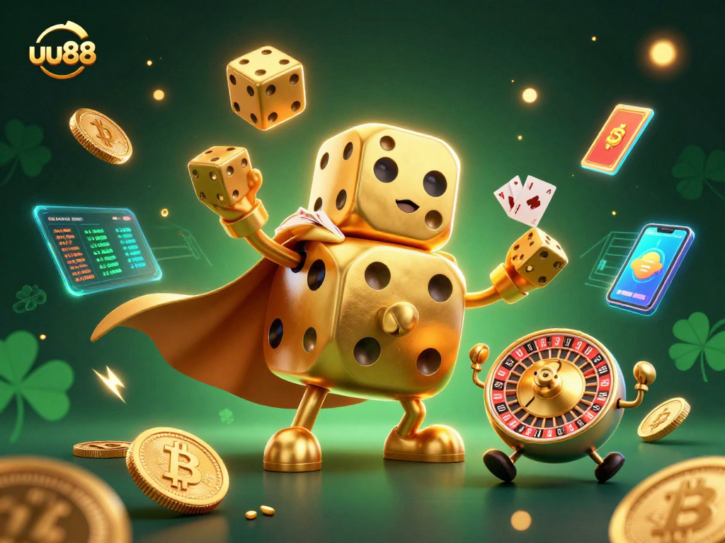 uu88 showcases a lively scene of a golden dice golem and crypto coins, celebrating casino excitement.