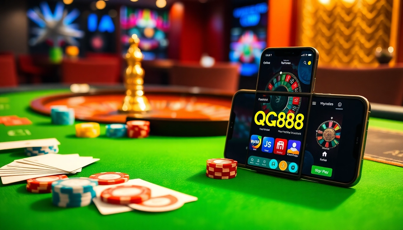 Engaging casino scene with QQ88 Social branding, featuring poker table, chips, and cards.