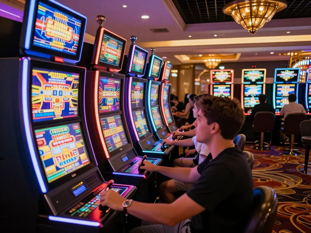 Players engage with slot machines at GO8, capturing the thrill of casino gaming with vibrant lights.