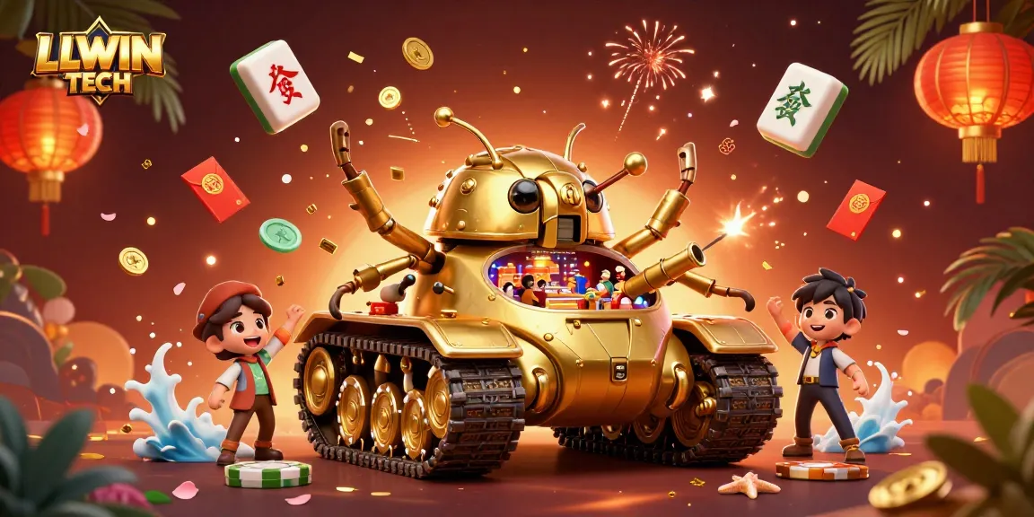 Engage with LLWIN TECH’s vibrant online casino experience, featuring a golden beetle tank and colorful game elements.