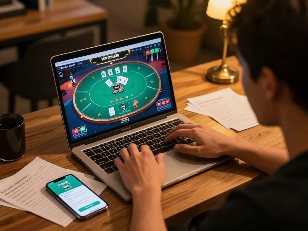 Player engaged with KKBD Bangladesh online poker game, showcasing strategy notes and vibrant app interface.