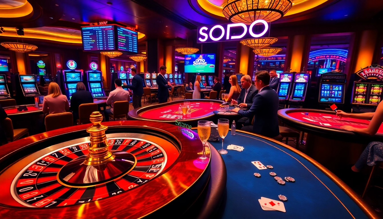 SODO casino players enjoying poker and roulette in a lively, professional gambling environment.