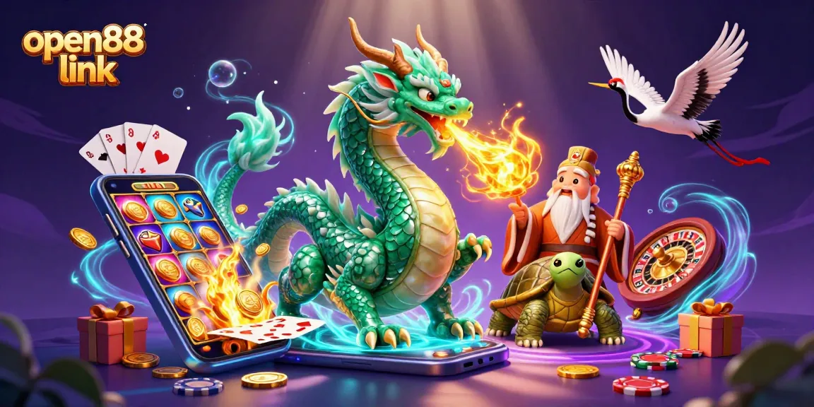 Engage with the thrilling world of open88 link, featuring a dragon, sage, and lucky cranes among vibrant casino elements.