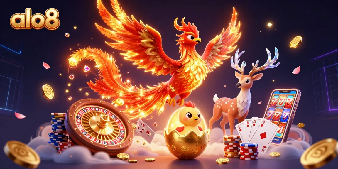 Play slots and win with the vibrant design of alo8 featuring a phoenix and casino elements.