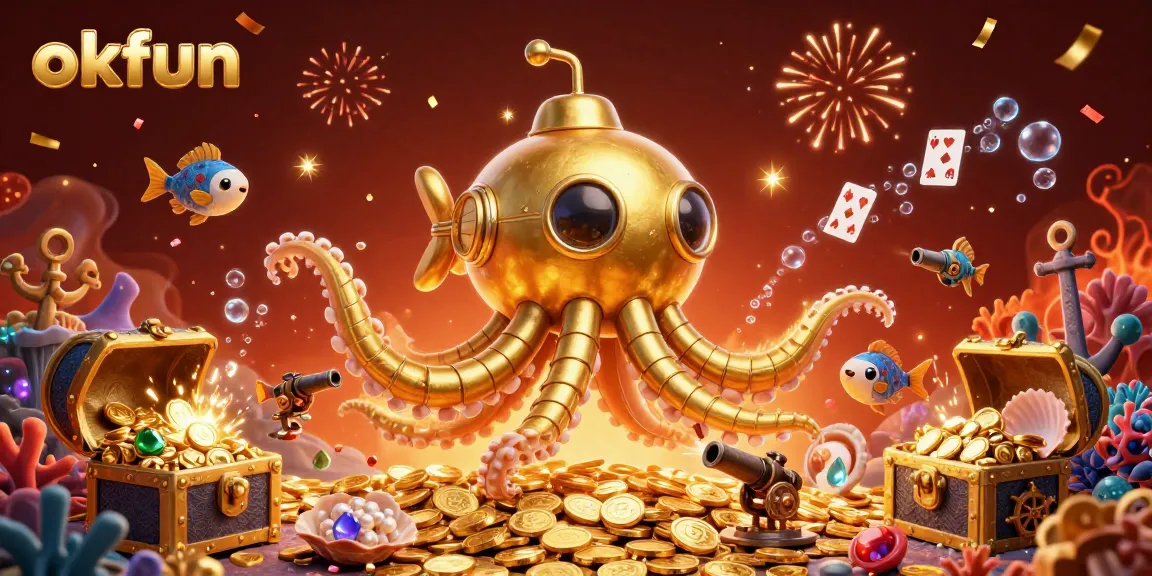okfun showcases a vibrant 3D casino scene, featuring a golden kraken submarine amidst treasure and games.