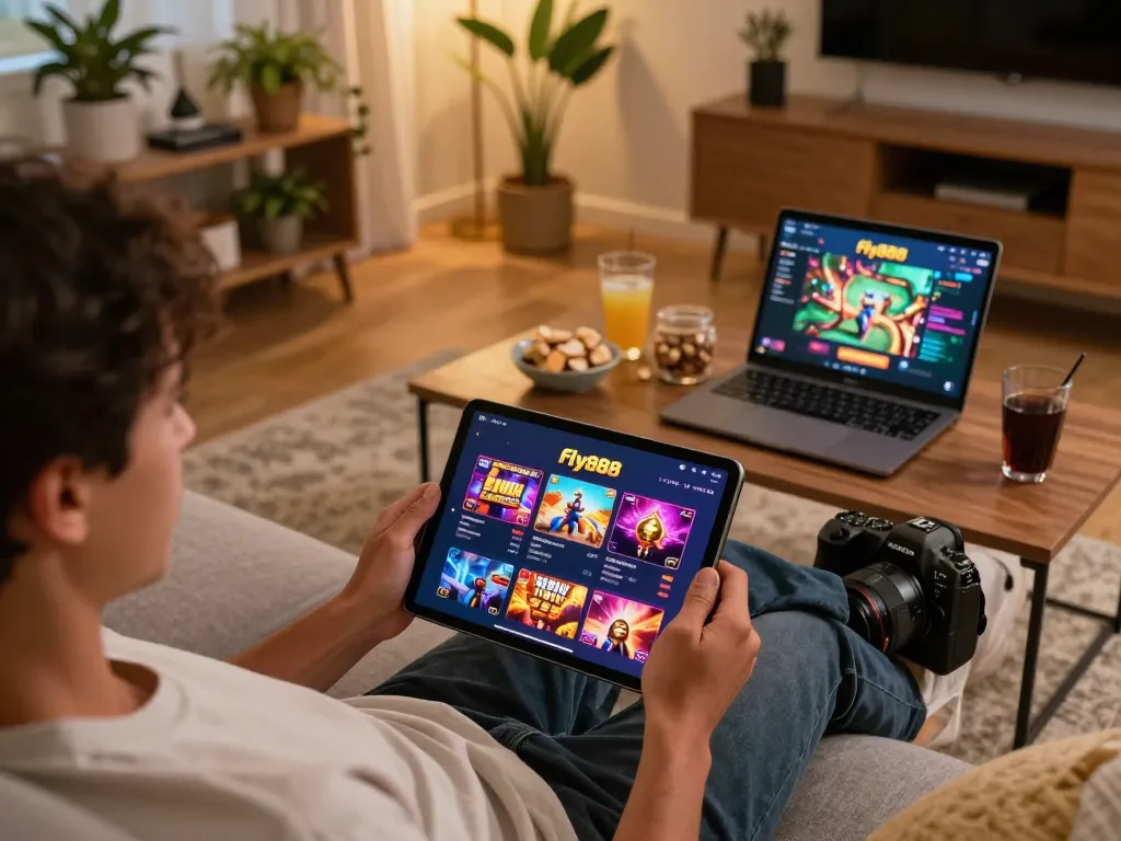 Engaging with the fly888 app on a tablet in a cozy living room, showcasing responsible gaming and relaxation.