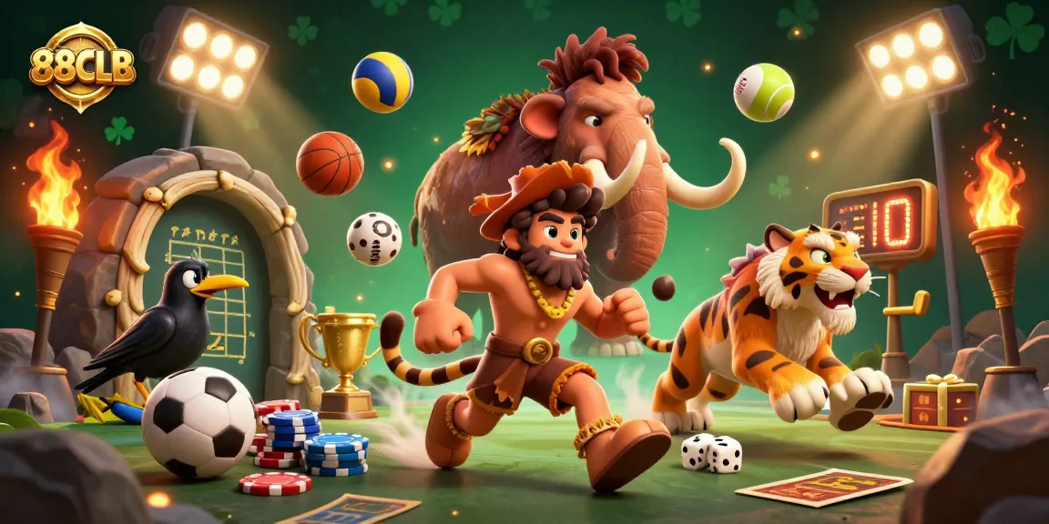Experience the excitement of 88CLB's online casino with a dynamic 3D illustration showcasing a prehistoric gaming scene.