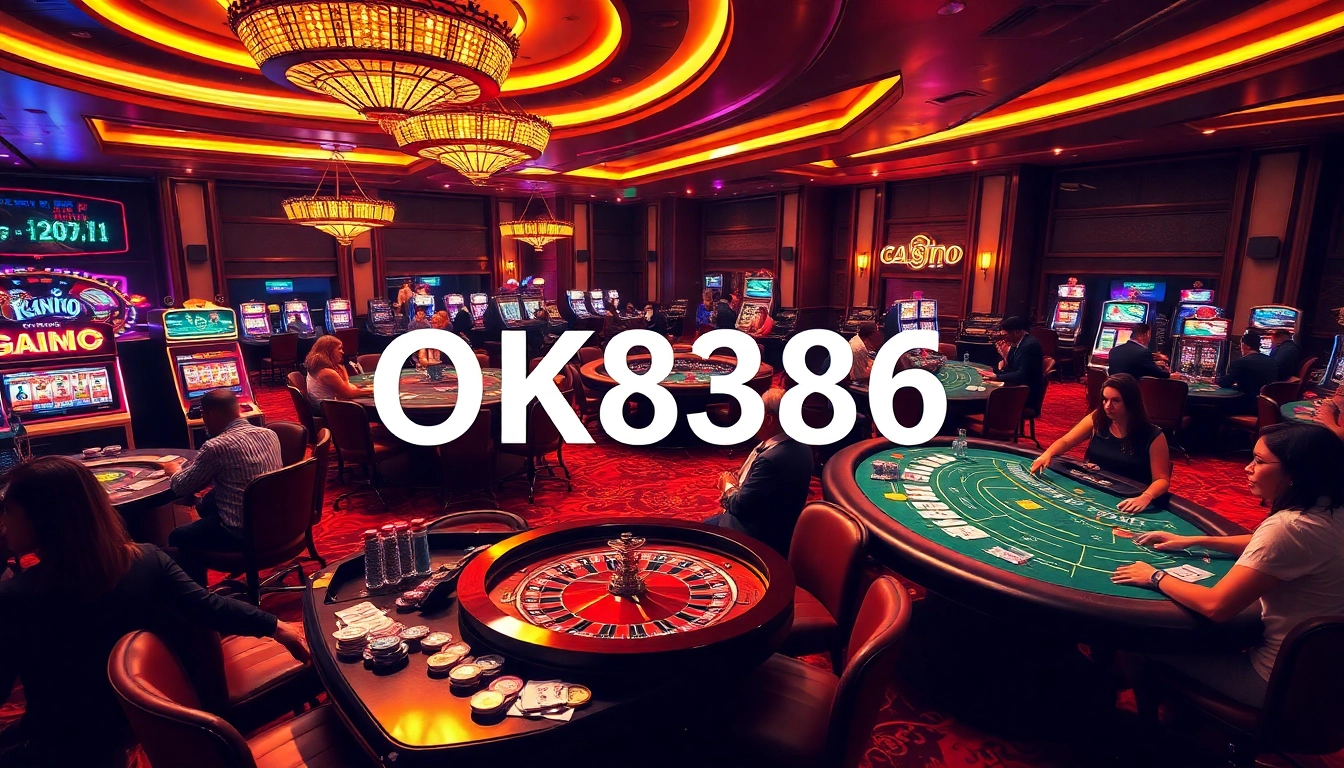 Players engaging with casino games at OK8386, surrounded by vivid colors and thrilling atmosphere.