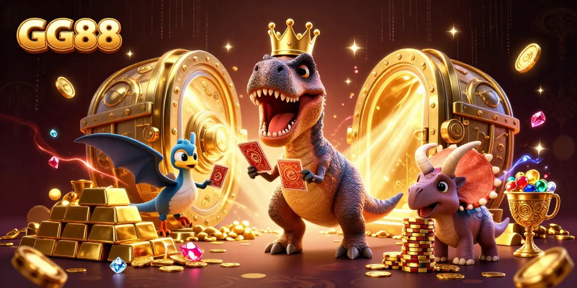 Engage with GG88 as cartoon dinosaurs shuffle cards and stack chips in a vibrant casino scene.