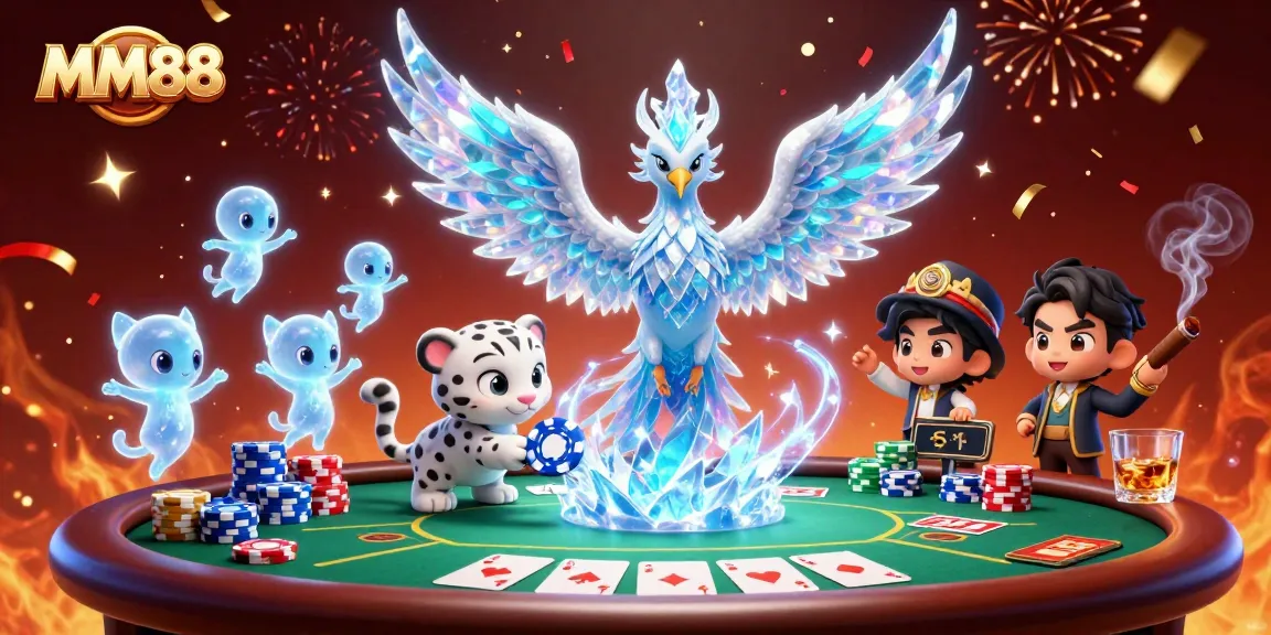 Engage with MM88 while enjoying a rich 3D illustration showcasing vibrant casino elements and characters in a festive setting.