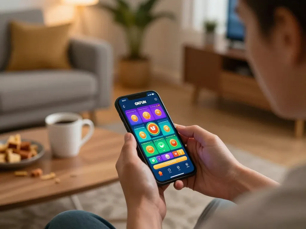 Engaged player using OKFUN for mobile gambling, showcasing an exciting betting experience in cozy environment