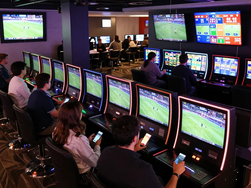 Winbd betting action at a lively sports venue, fans engaged with live odds on screens