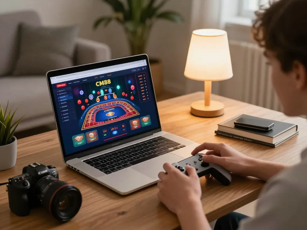 Engaging online gaming scene with CM88 showing responsible betting environment on modern laptop