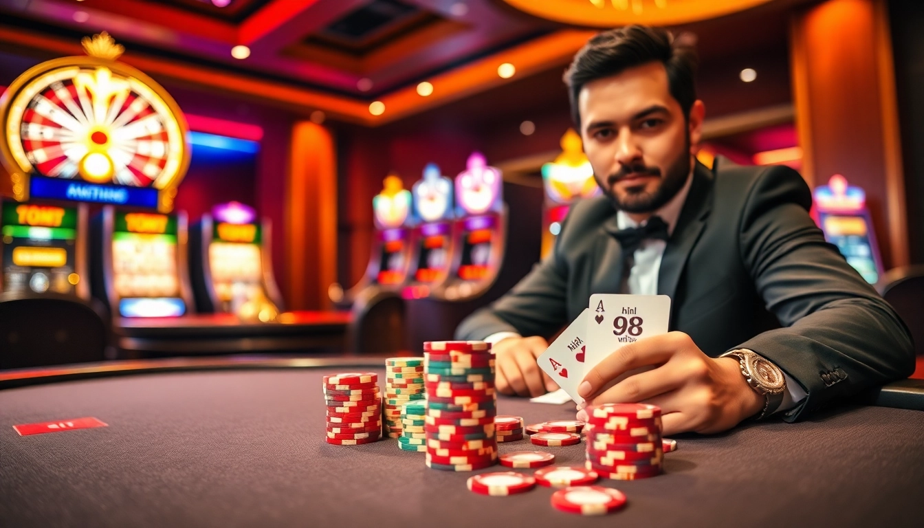 Player wins big at the poker table with 98win chips in a vibrant casino atmosphere.