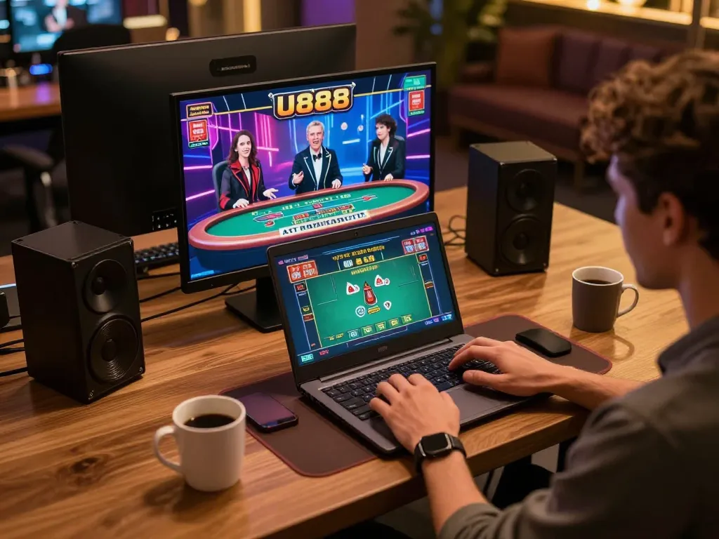 Player engaging with U888 online casino on laptop, immersed in live dealer game.