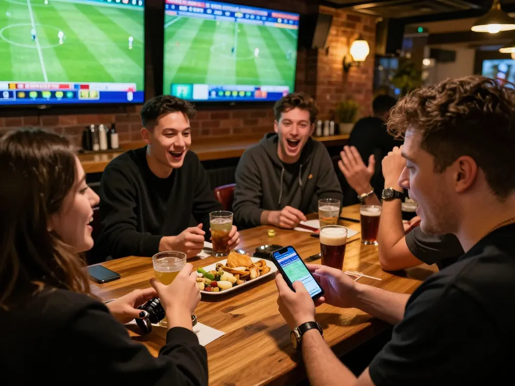 Socolive sports betting excitement at a vibrant bar with friends placing bets on smartphones.