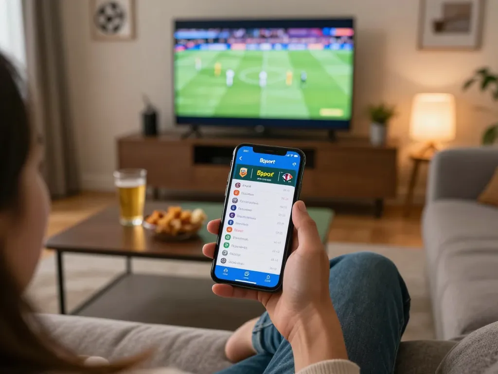 Person placing sports bets on Bsport app using smartphone in a cozy home setting, illustrating mobile gambling convenience.