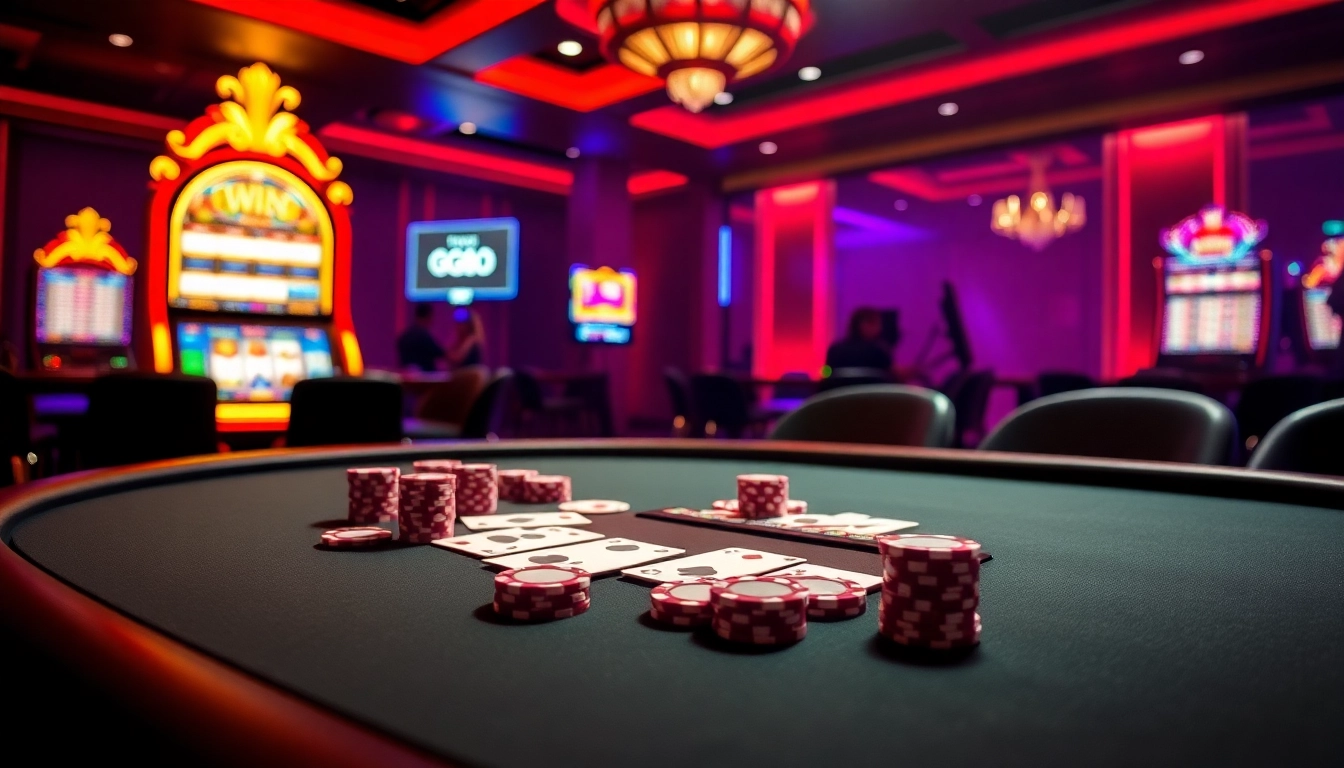 Exciting casino scene showcasing GG88 with poker chips, cards, and a glowing slot machine.