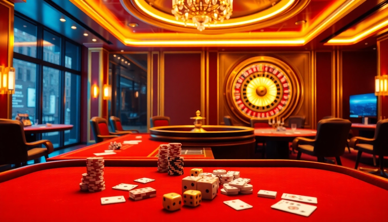 Experience the thrill at https://56win.to/ with a luxurious online casino featuring vibrant tables and a roulette wheel.