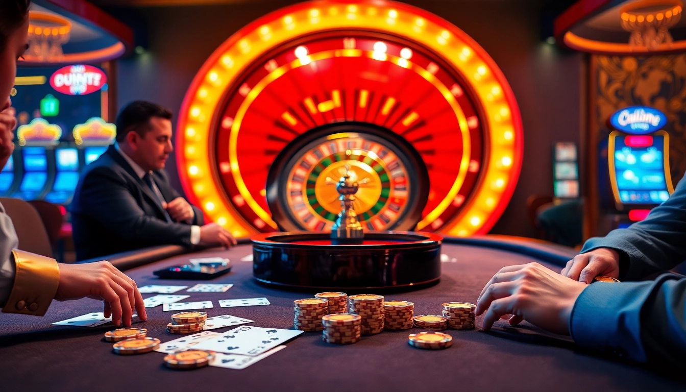 Exciting poker game at a luxury casino with nohu90 branding and vibrant atmosphere.