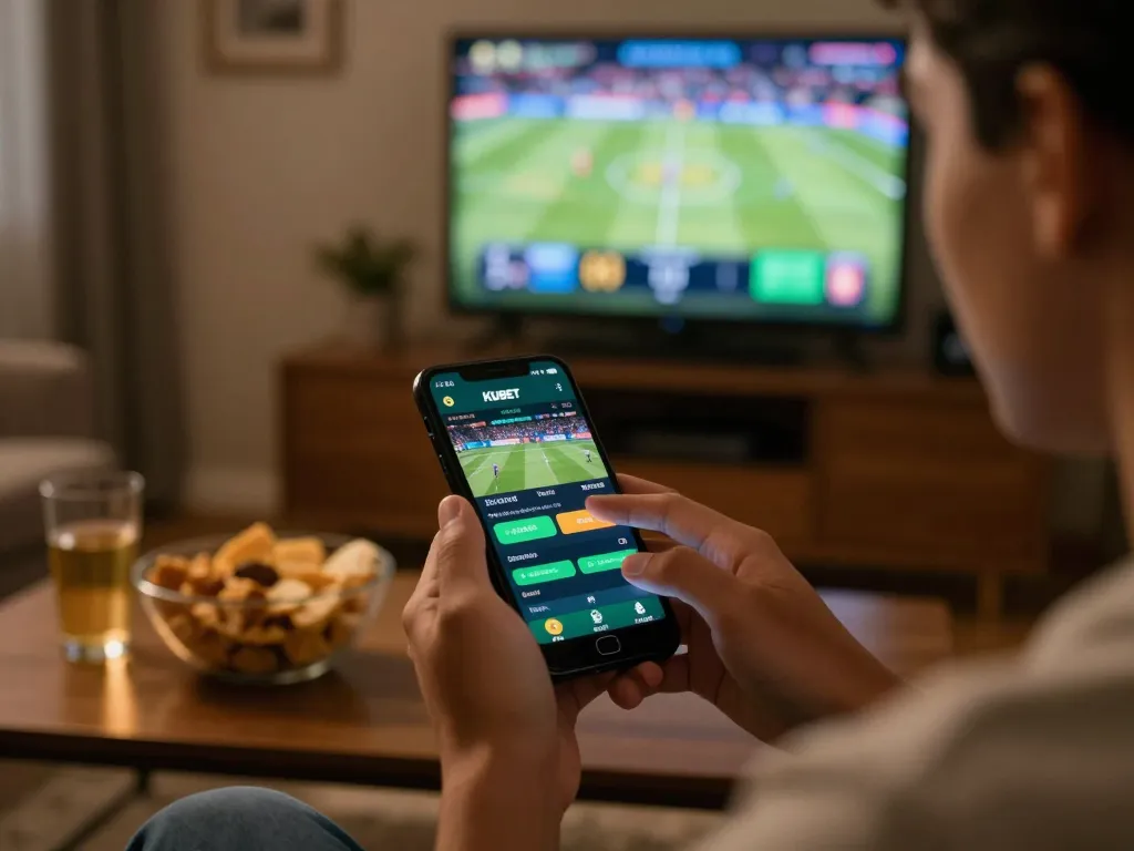 KUBET app displayed on smartphone during live sports betting, user engaged in action.