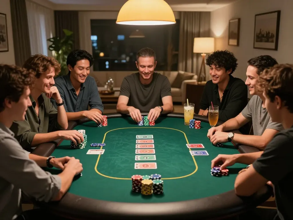 Players enjoying a vibrant poker night at home, showcasing strategic gameplay with 789WIN dynamics.