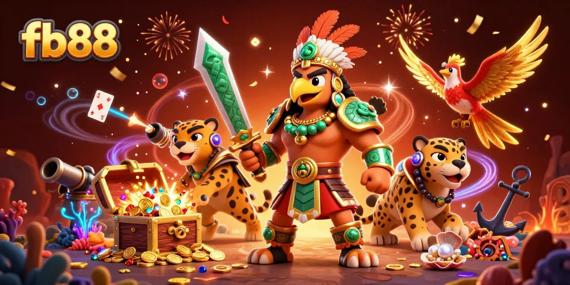 Experience thrilling gameplay at fb88 with a dynamic scene of Aztec warriors and casino elements.
