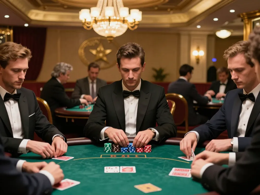 FC88 players engaging in a high-stakes poker game, showcasing thrilling gameplay in a luxury casino.