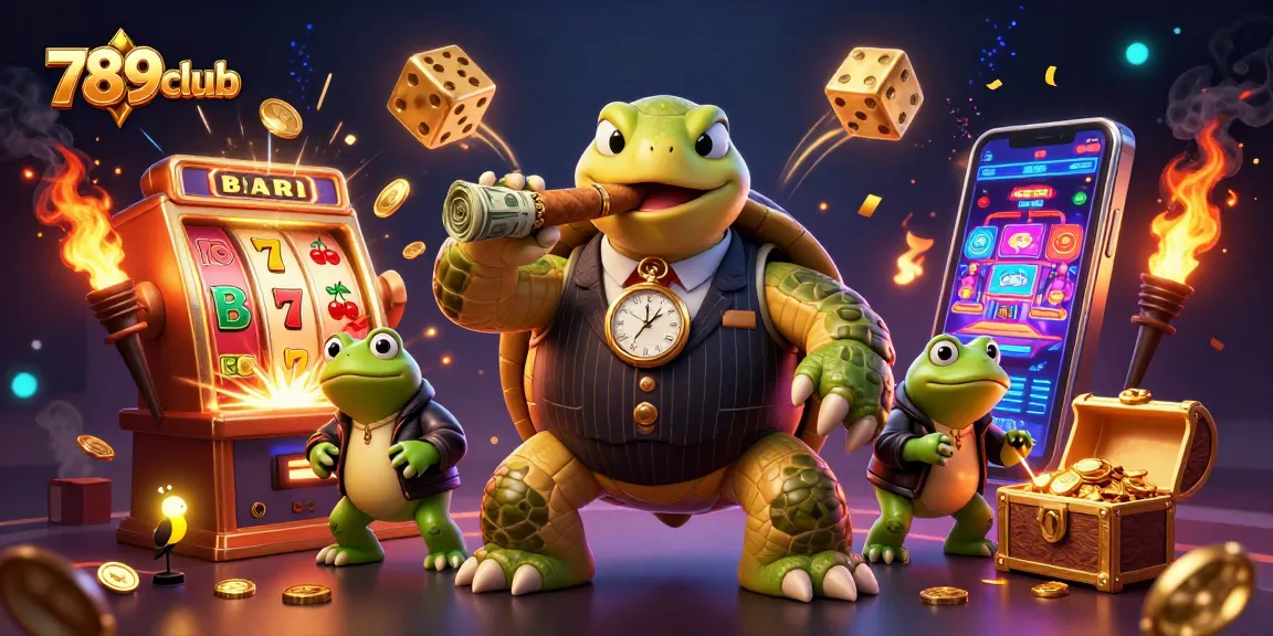 Experience the thrill of 789club with a vibrant casino scene featuring a turtle in a mobster suit and jackpot elements.