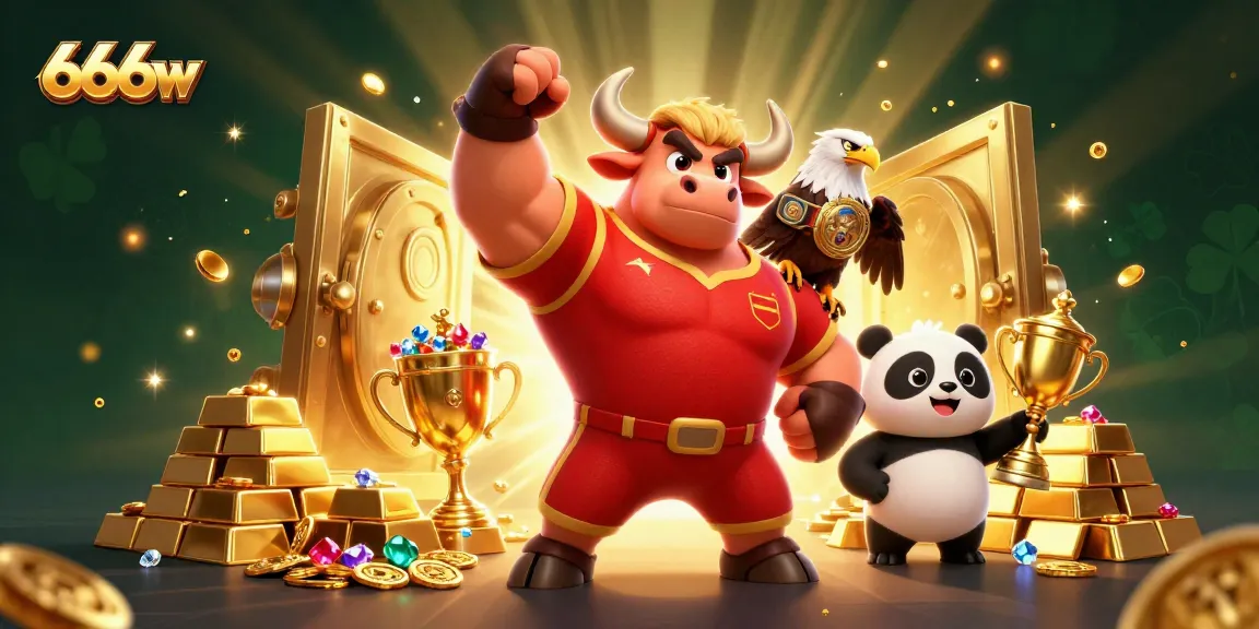 Enjoy thrilling gameplay on 666w as a victorious bull mascot celebrates with treasures in a vibrant casino.