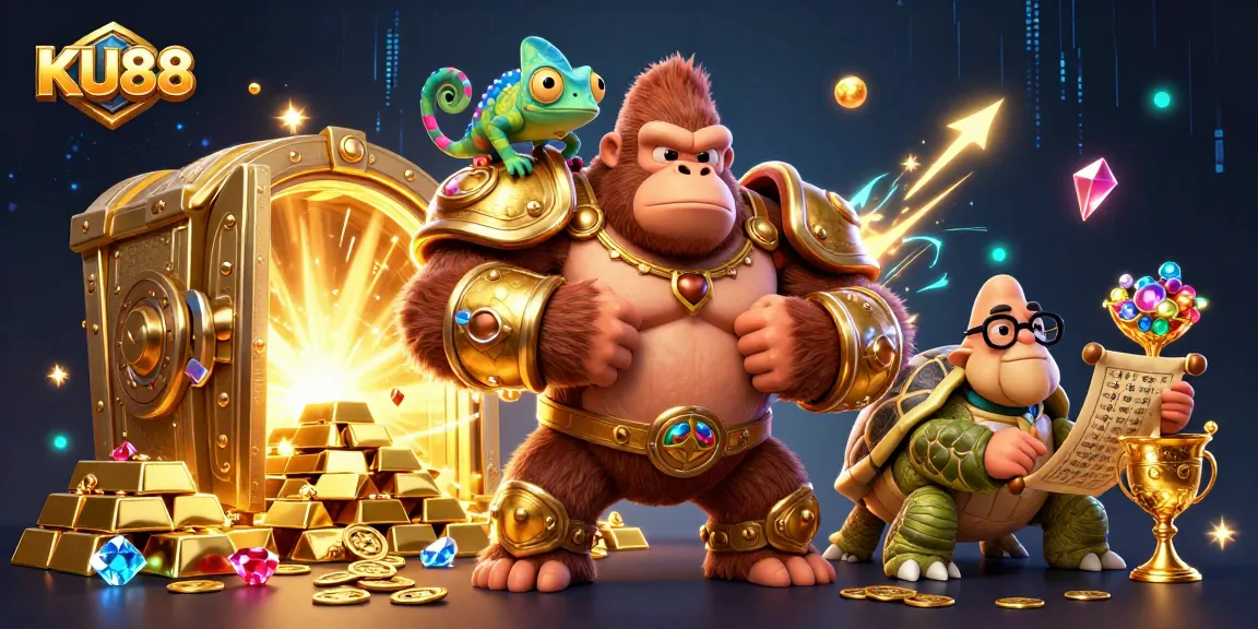 Experience the thrill of KU88's dynamic gaming scene with characters and treasures in vibrant detail.