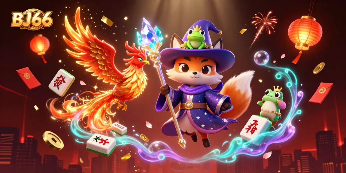 Engage with BJ66 through a magical casino adventure featuring a wizard fox and phoenix amidst vibrant gaming elements.