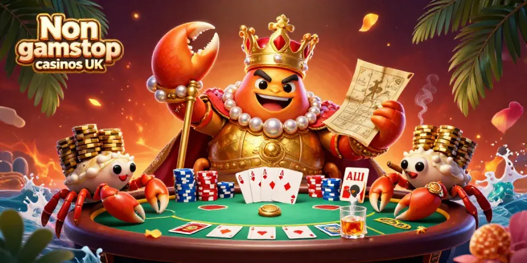 Experience thrilling action at Non gamstop casinos UK with a vibrant cartoon crab emperor and poker elements.