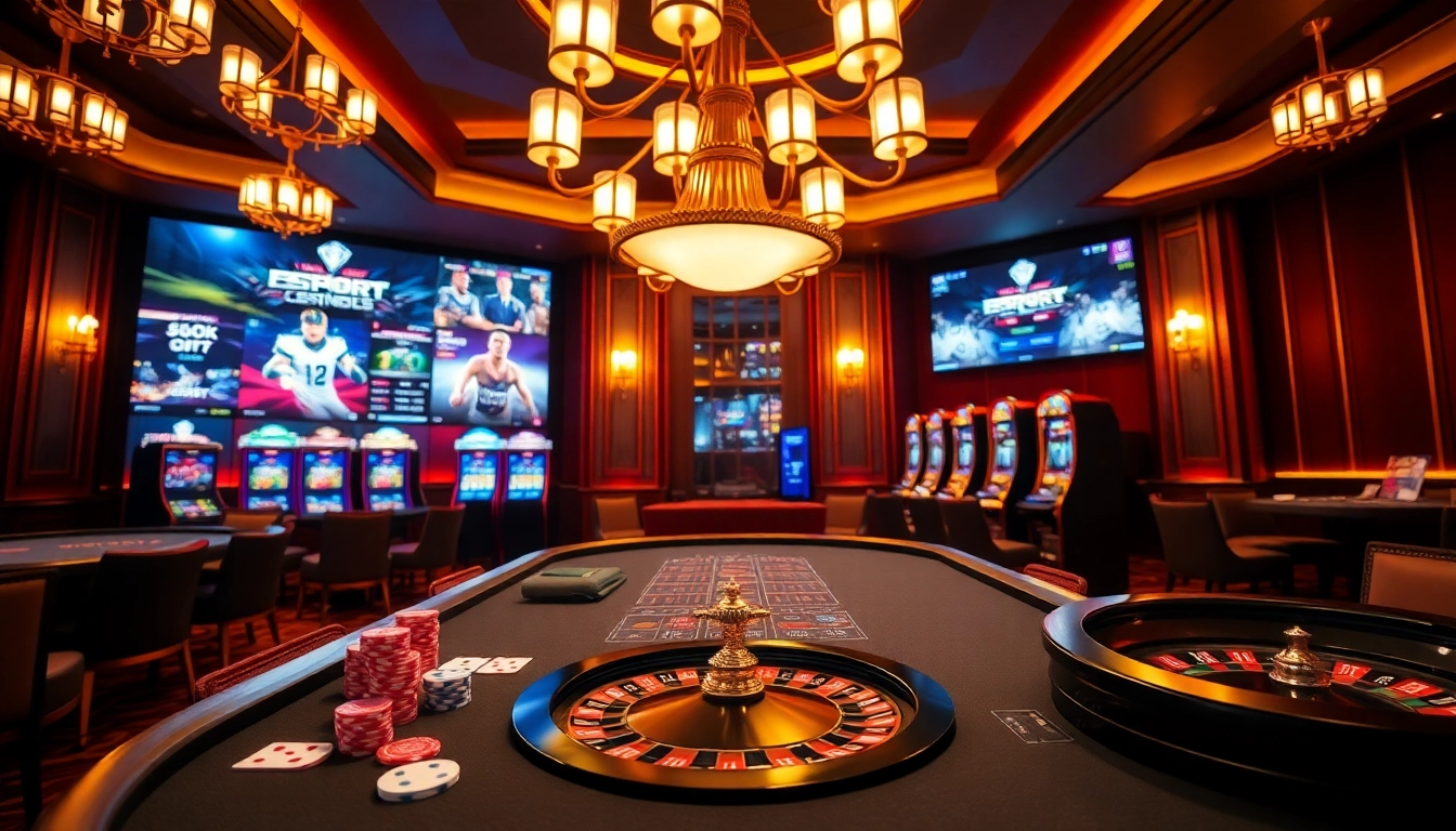 Exciting online gambling atmosphere at Sky88 with poker chips, cards, and roulette.