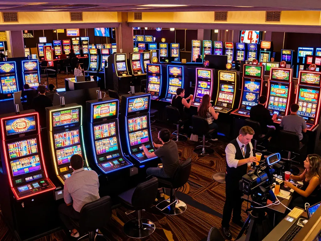 Players enjoying a thrilling gaming session at c168.com casino, surrounded by vibrant slot machines and festive ambiance.