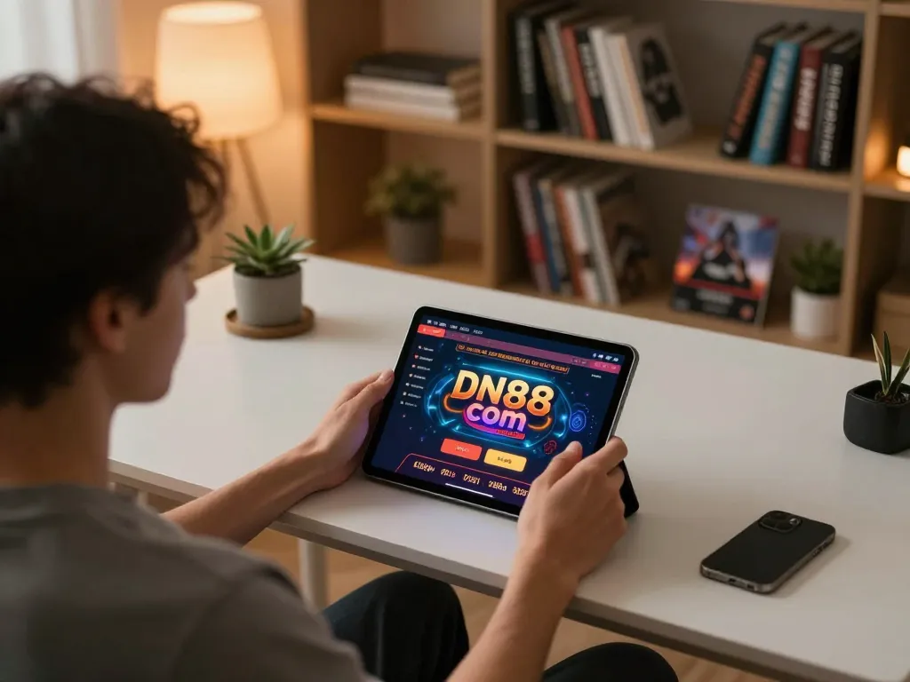 Engaging with DN88 com's online casino interface in a cozy home setting.