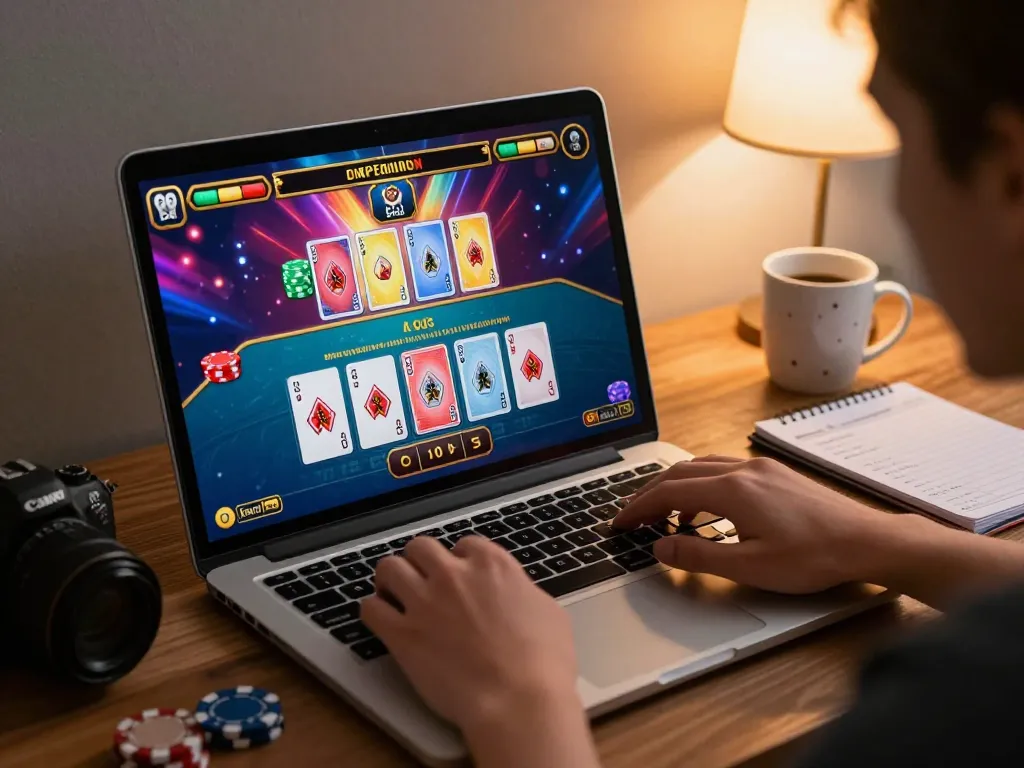 Engaging in thrilling online gaming with 90P live dealer, placing bets on a sleek laptop at home.