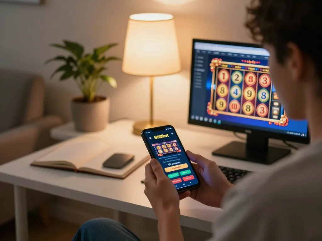 Engaging gameplay on 999bet's casino app showcasing a player enjoying online slots in a cozy home atmosphere.