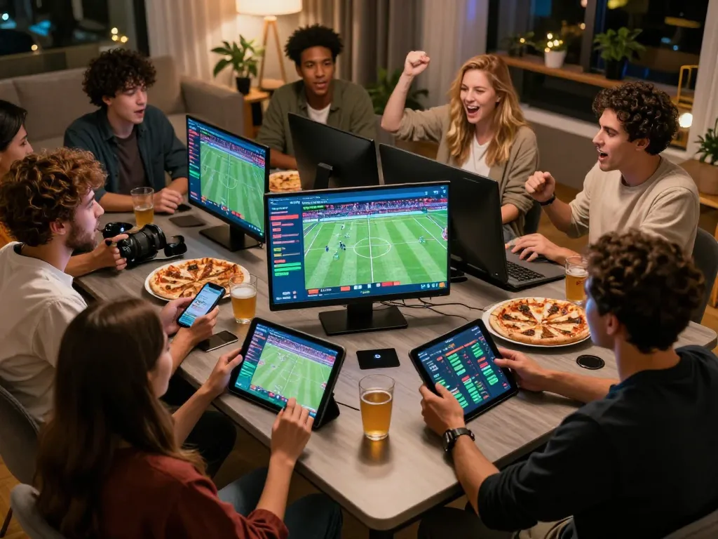 LV88 sports betting action with friends at home, engaging with live events on screens and placing bets.