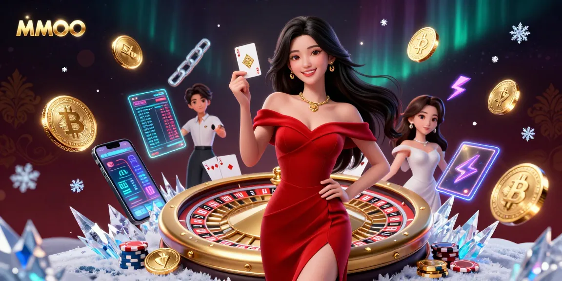 Experience the elegance of MMOO with a captivating casino scene showcasing a beautiful woman holding a golden playing card.