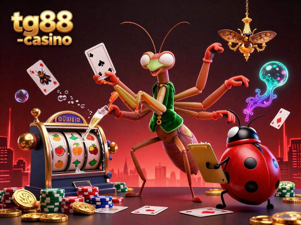 Experience thrilling gameplay at tg88 -casino with a lively giant praying mantis dealing cards and charming elements.
