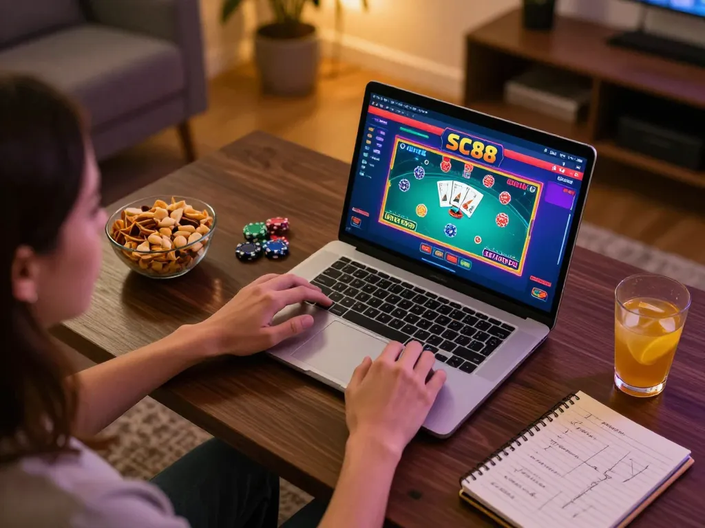 Engaging in strategic gameplay at SC88 online casino, showcasing a poker game on a laptop with betting notes and snacks