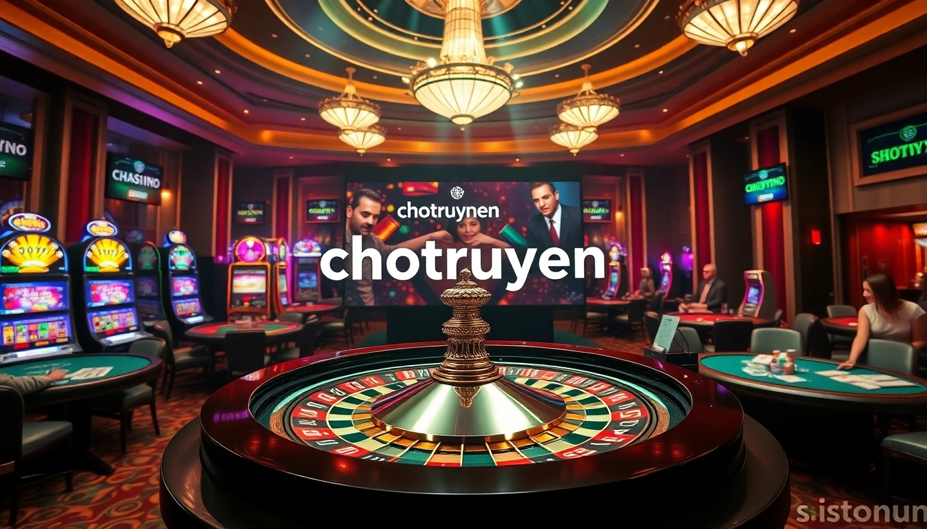 Experience the thrill of 'chotruyen' in a vibrant casino scene filled with excitement, chips, and slot machines.