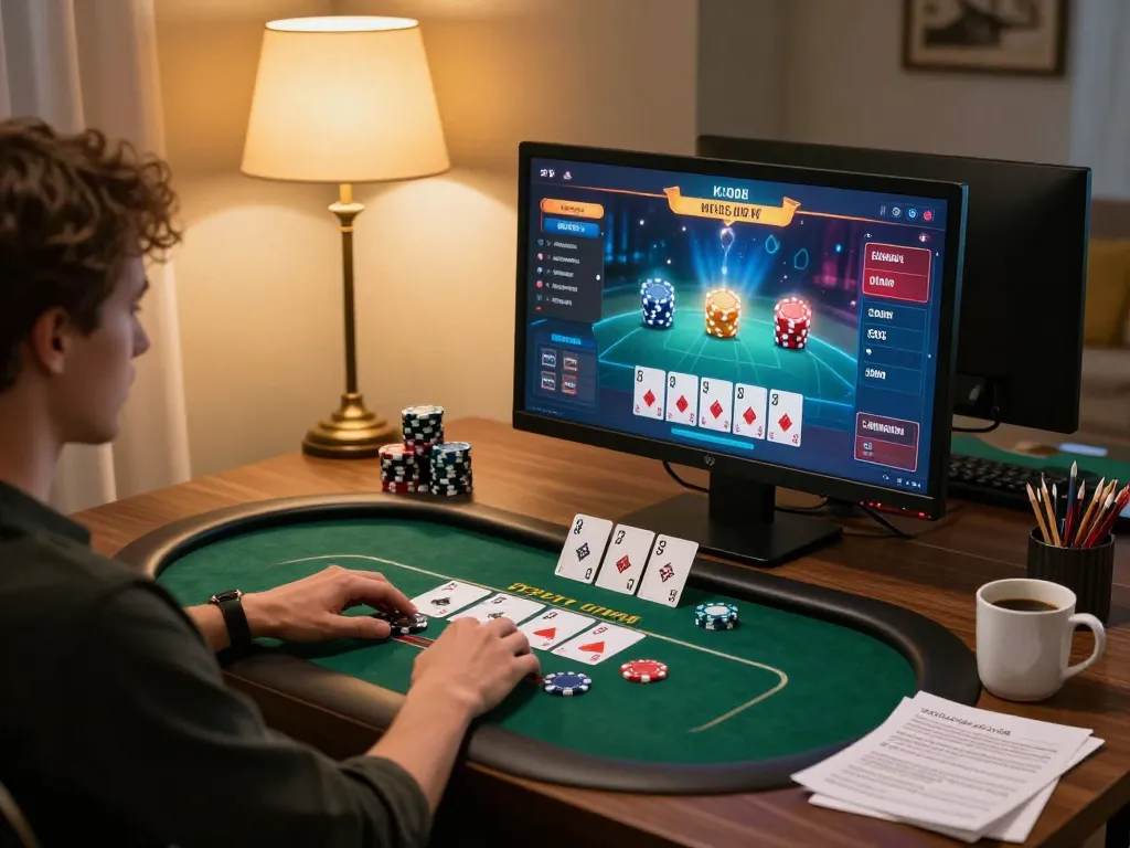 Kuwin user engaging in online casino gameplay with vibrant poker interface and cozy home setup